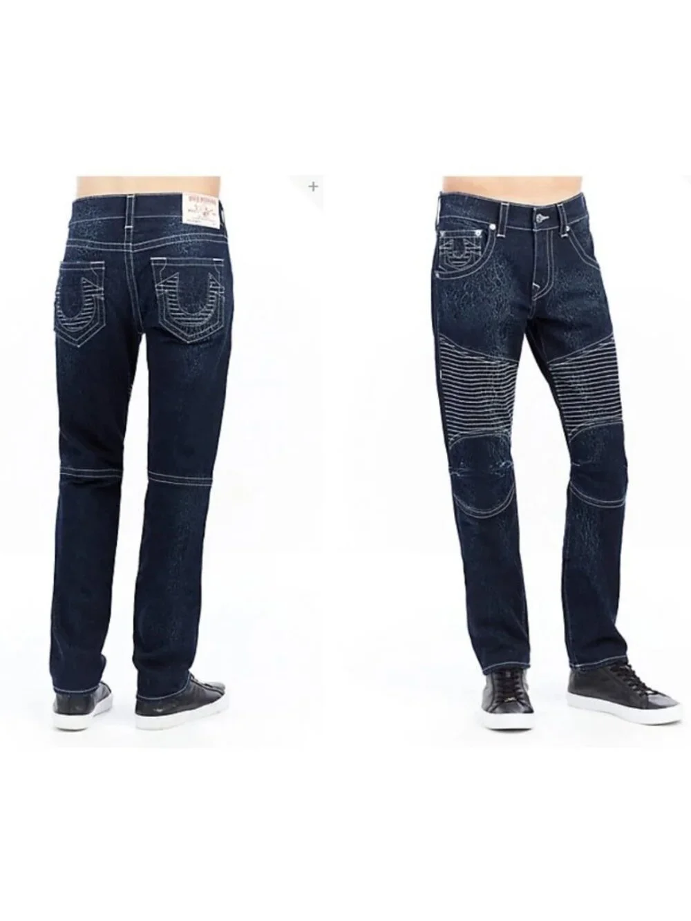 True Religion Moto Skinny Jeans Men's 34x28 Dark Wash Run Stitch Cracked Texture